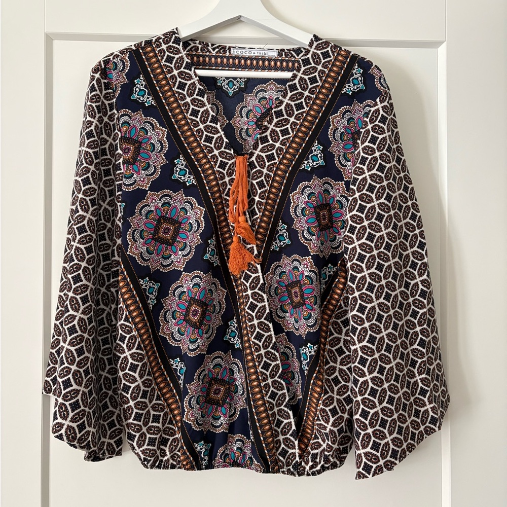 Bohemian Print Women's Blouse - Navy and Orange